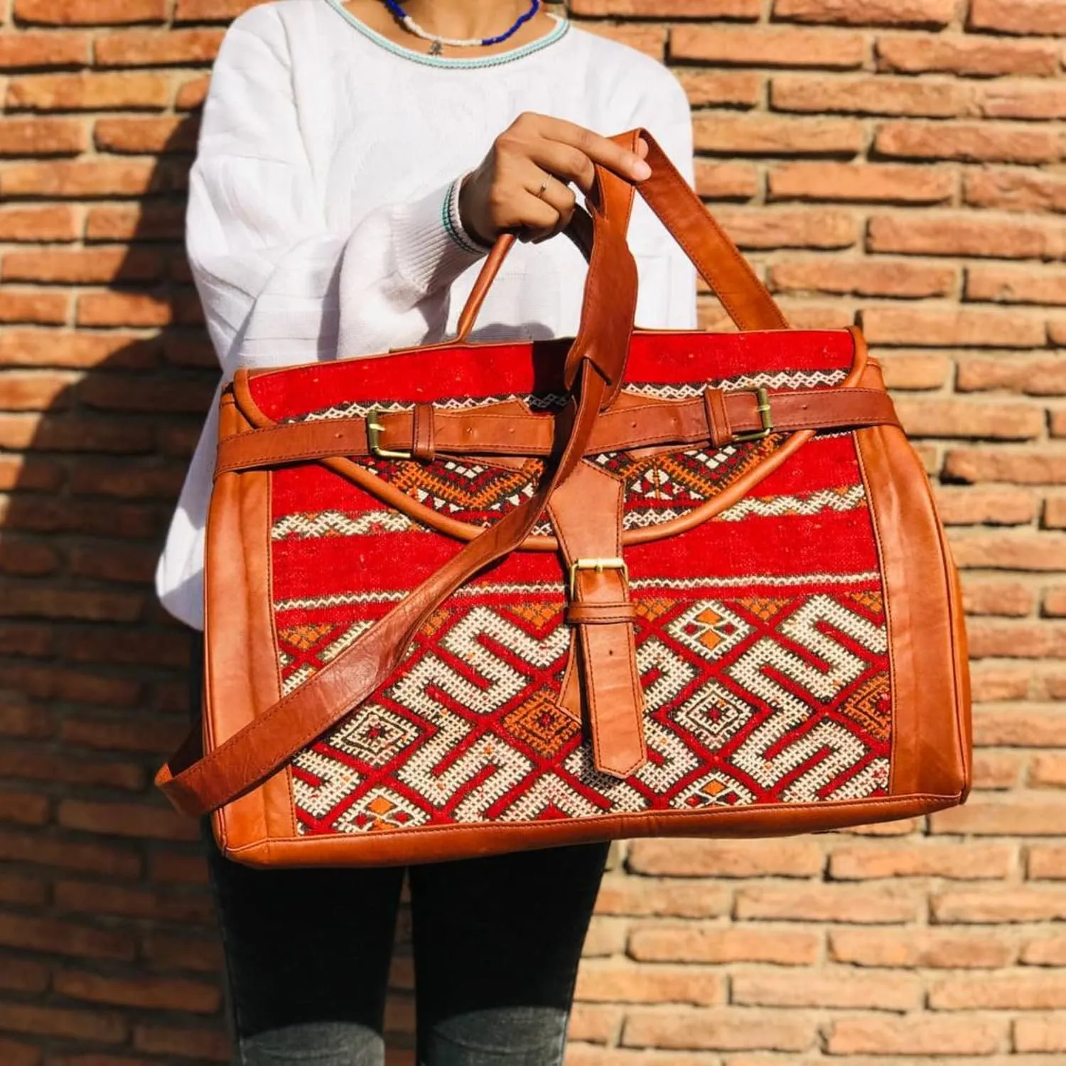 Kilim Carpet Travel Bag - Genuine Leather Duffle Bag | Moroccan Weekender Bag with Adjustable Strap | Unique Bohemian Design, Carry-On Friendly (Large, Russet orange)
