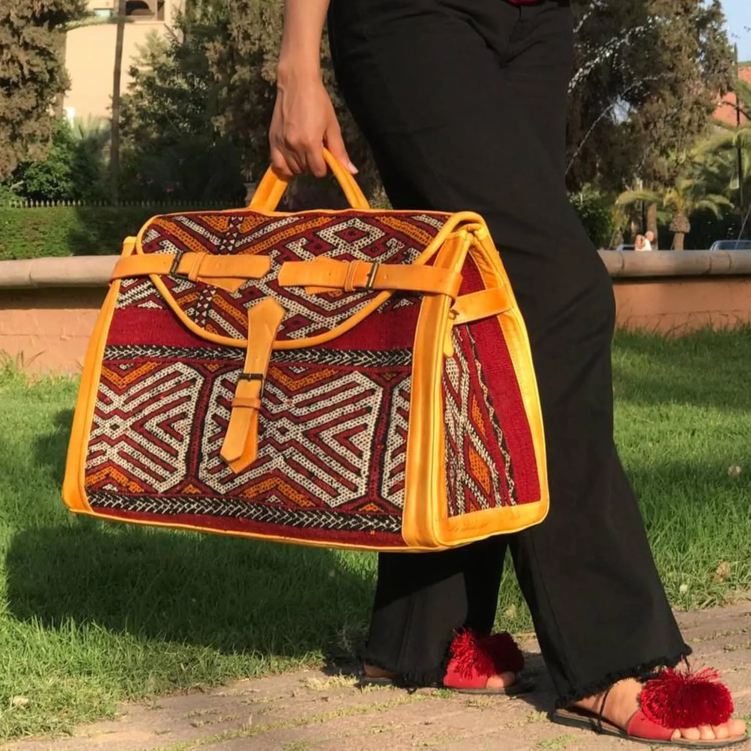 Kilim Carpet Travel Bag - Genuine Leather Duffle Bag | Moroccan Weekender Bag with Adjustable Strap | Unique Bohemian Design, Carry-On Friendly (Large, Russet orange)