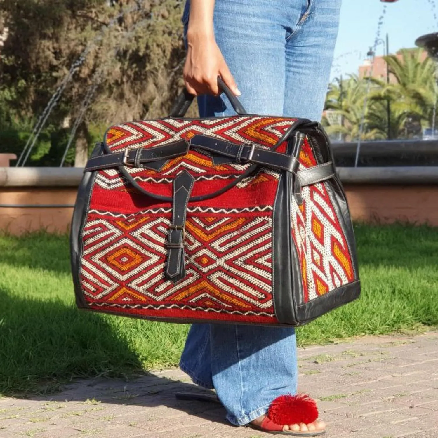 Kilim Carpet Travel Bag - Genuine Leather Duffle Bag | Moroccan Weekender Bag with Adjustable Strap | Unique Bohemian Design, Carry-On Friendly (Large, Russet orange)