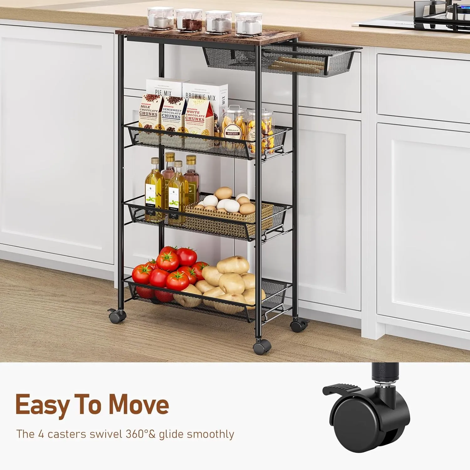 KINGRACK 4-Tier Slim Storage Cart, Metal Rolling Cart, Organizer with Wooden Tabletop and Drawer Basket, Mobile Shelving Unit for Kitchen, Bathroom, Laundry Room, Black