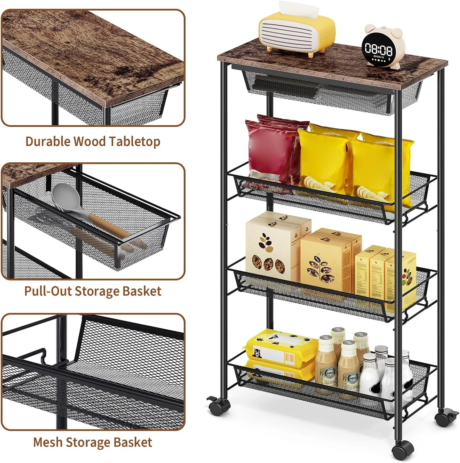 KINGRACK 4-Tier Slim Storage Cart, Metal Rolling Cart, Organizer with Wooden Tabletop and Drawer Basket, Mobile Shelving Unit for Kitchen, Bathroom, Laundry Room, Black