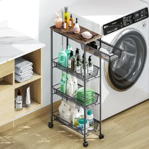 KINGRACK 4-Tier Slim Storage Cart, Metal Rolling Cart, Organizer with Wooden Tabletop and Drawer Basket, Mobile Shelving Unit for Kitchen, Bathroom, Laundry Room, Black