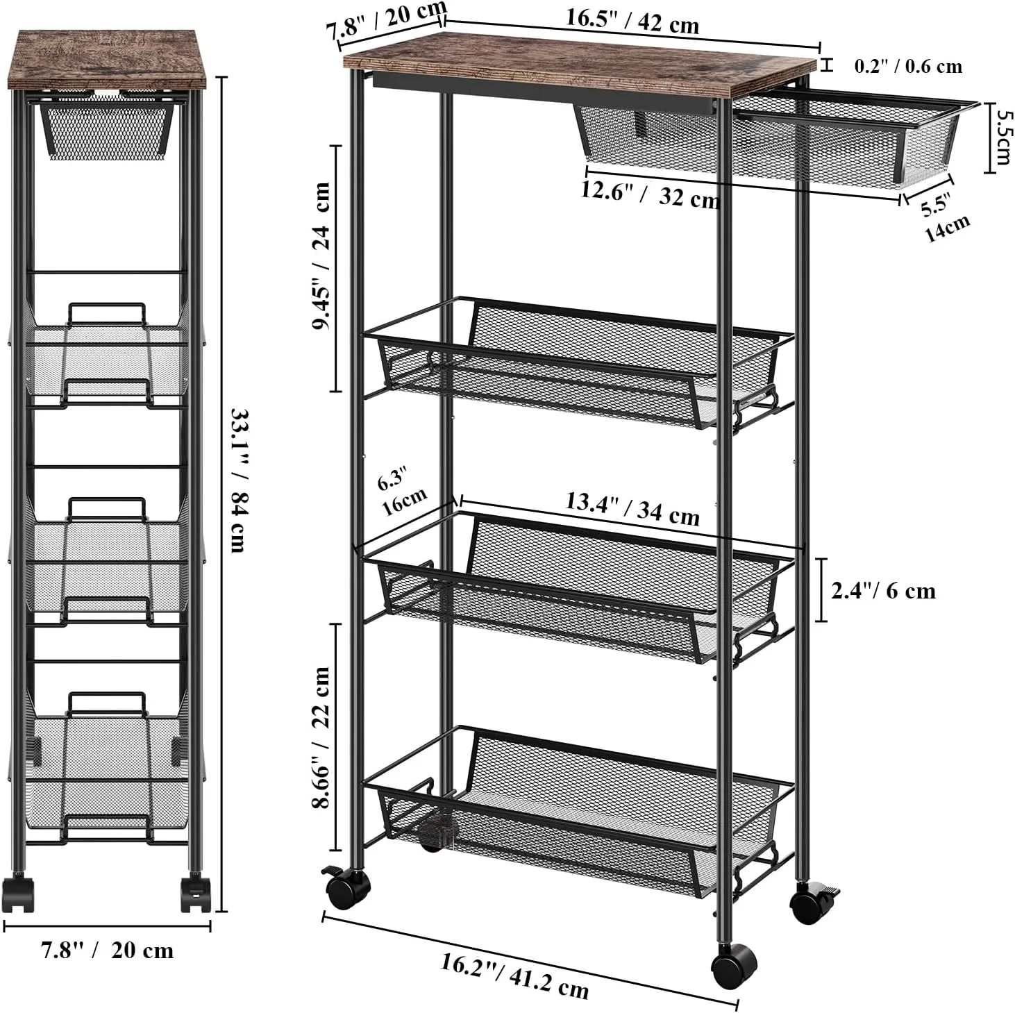 KINGRACK 4-Tier Slim Storage Cart, Metal Rolling Cart, Organizer with Wooden Tabletop and Drawer Basket, Mobile Shelving Unit for Kitchen, Bathroom, Laundry Room, Black
