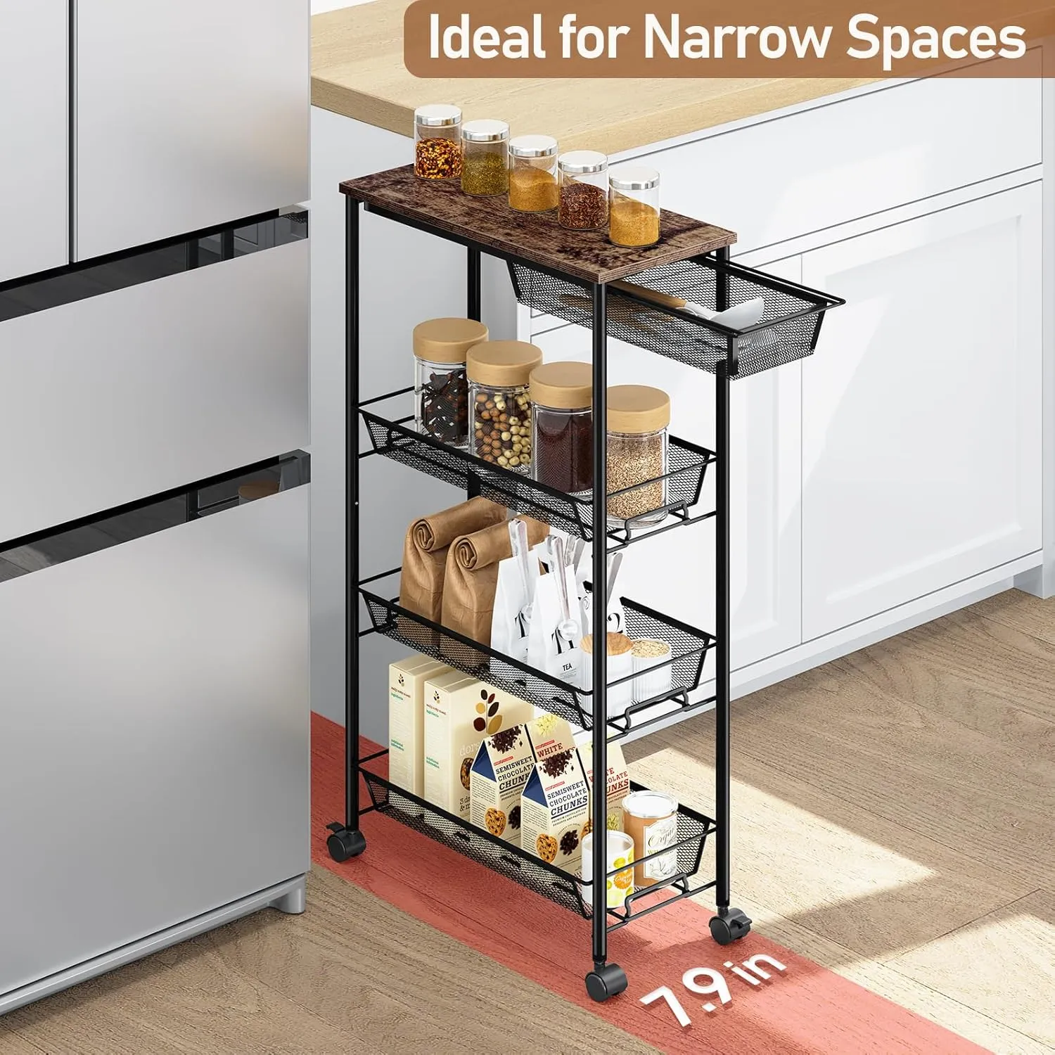 KINGRACK 4-Tier Slim Storage Cart, Metal Rolling Cart, Organizer with Wooden Tabletop and Drawer Basket, Mobile Shelving Unit for Kitchen, Bathroom, Laundry Room, Black