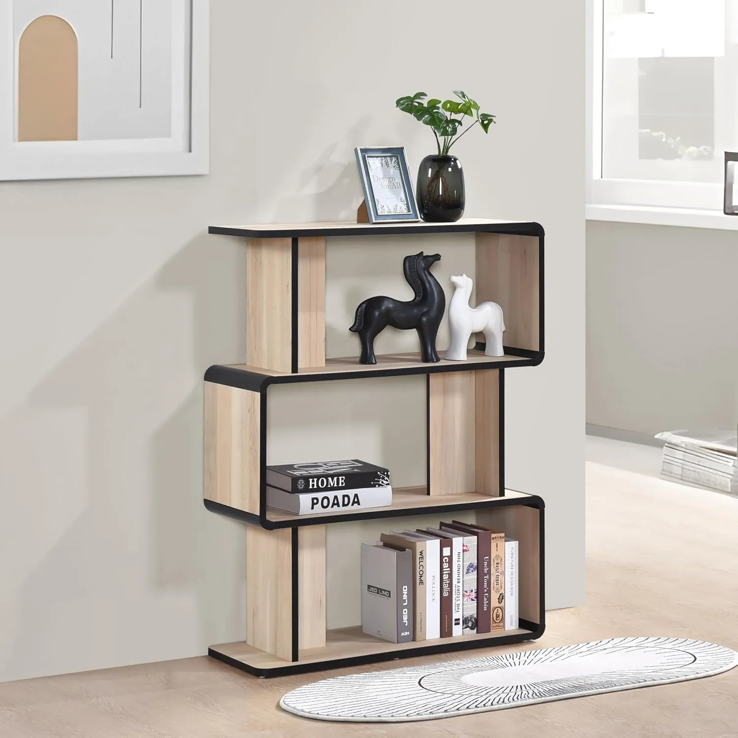 Kings Brand Furniture Nathan Modern Wooden Bookcase in Asymmetrical Design – Stylish Open Shelving Unit for Living Room, Bedroom – Perfect for Books, Plants, Decorative Displays (3-Tier)