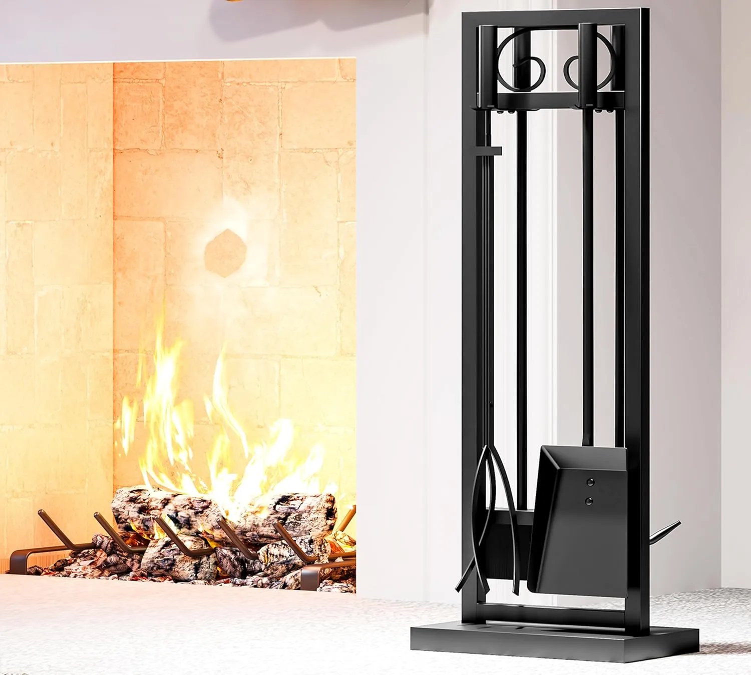 Kingson 5-Piece Fireplace Tool Set – 30.5" Black Scroll Design Heavy Duty Fireplace Accessories for Indoor & Outdoor Wood-Burning Fireplaces, Fire Pit Tools