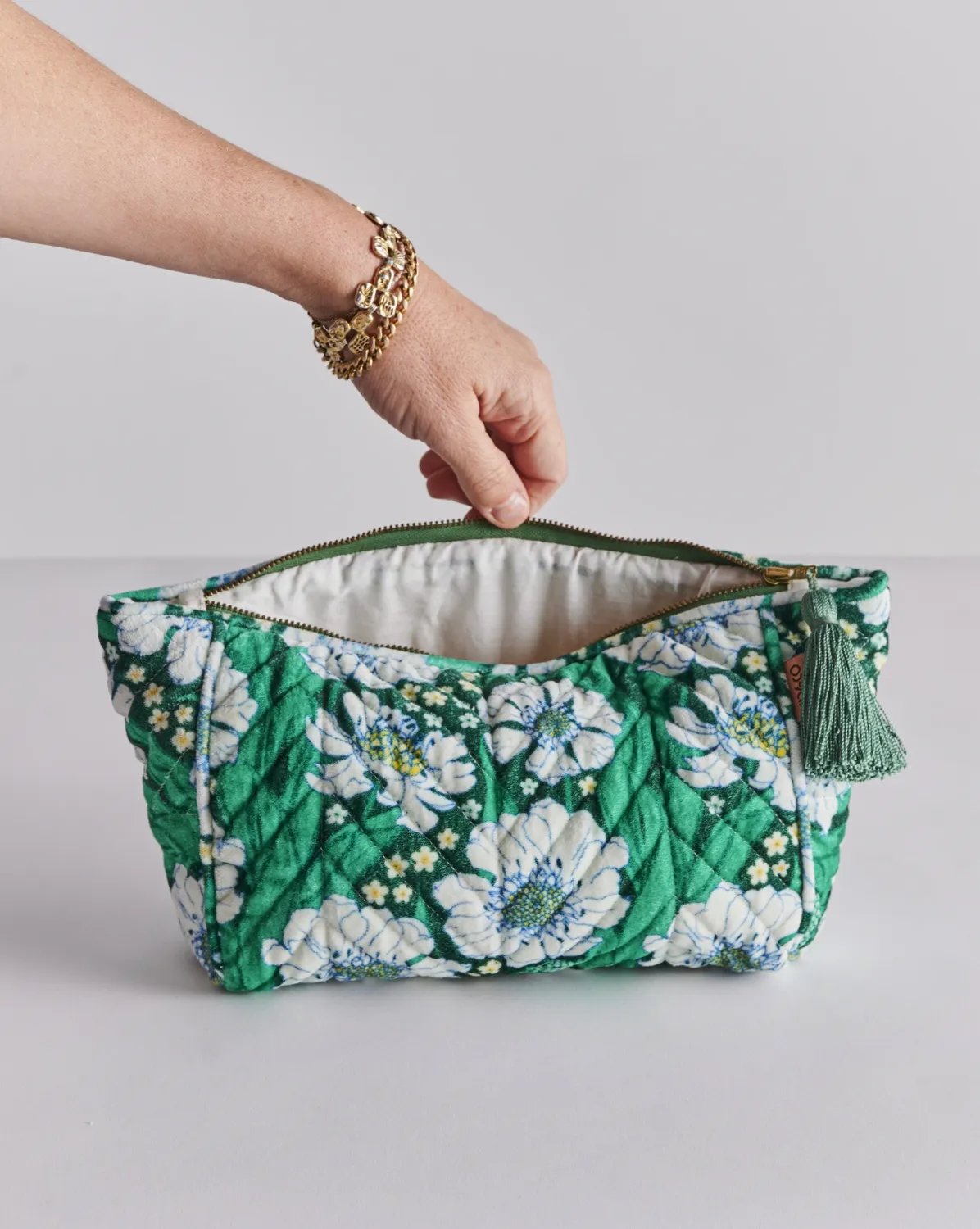 Kip & Co Tumbling Flowers Green Velvet Toiletry Bag