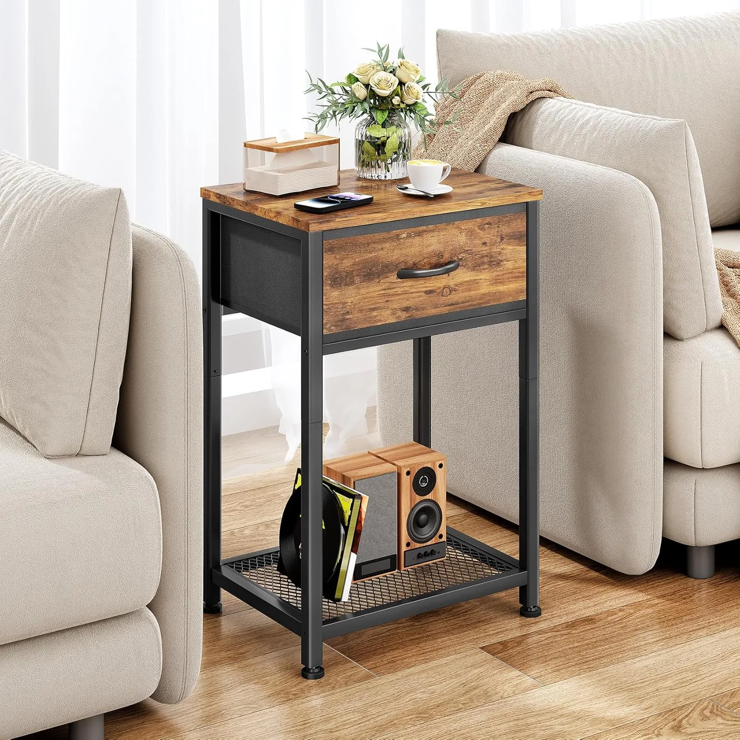 Kitstorack Night Stands Set of 2,End Tables with Drawer for Bedroom Bed Side Table for Home, Rustic Brown Wood Night Stand Bedroom Nightstands Bedside Table Set of 2