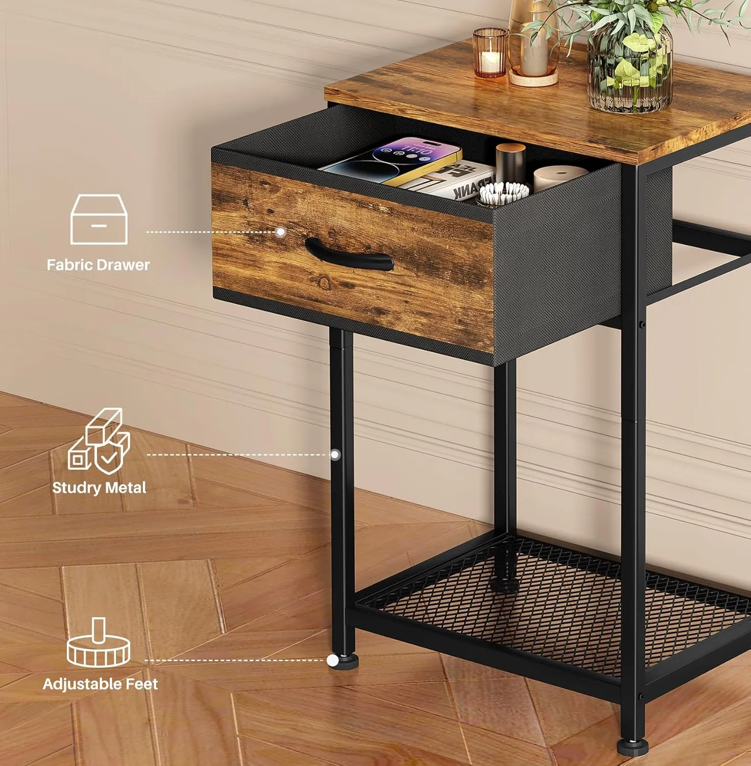 Kitstorack Night Stands Set of 2,End Tables with Drawer for Bedroom Bed Side Table for Home, Rustic Brown Wood Night Stand Bedroom Nightstands Bedside Table Set of 2