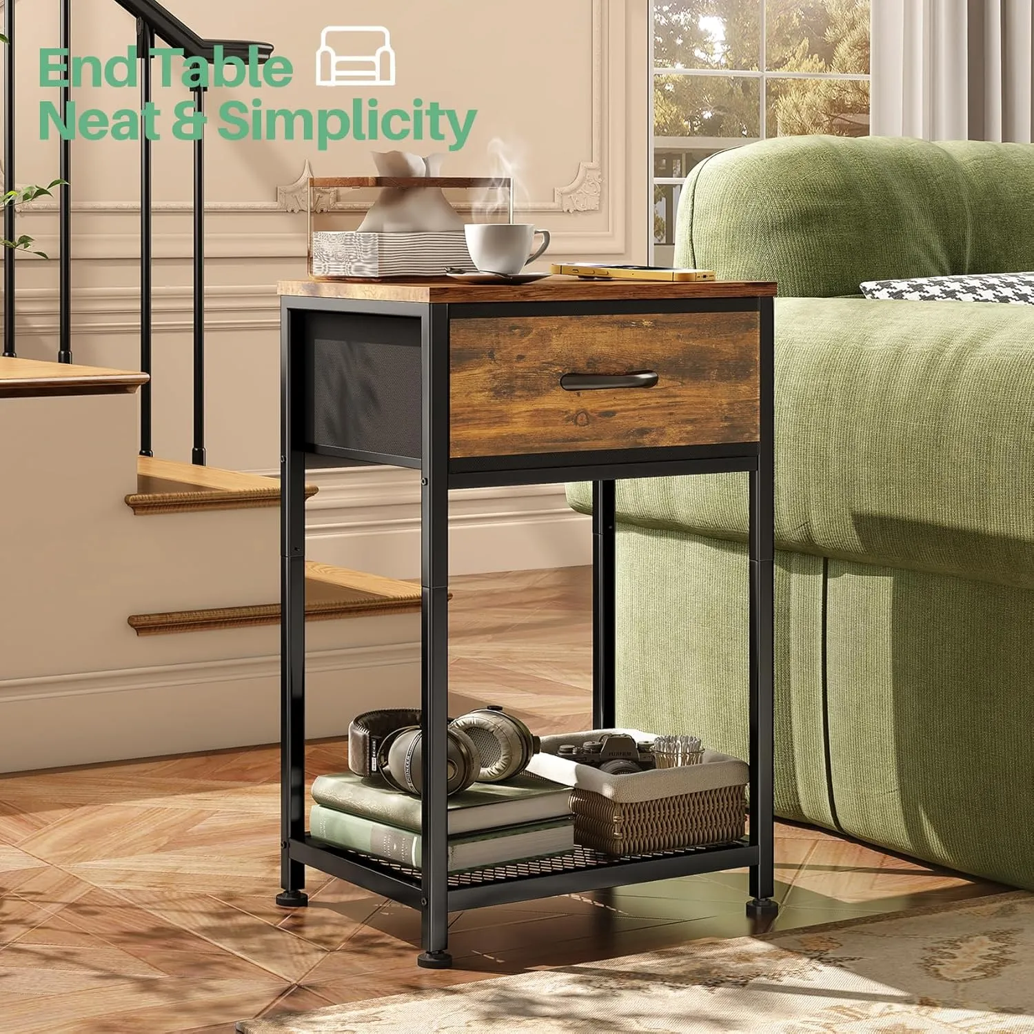 Kitstorack Night Stands Set of 2,End Tables with Drawer for Bedroom Bed Side Table for Home, Rustic Brown Wood Night Stand Bedroom Nightstands Bedside Table Set of 2