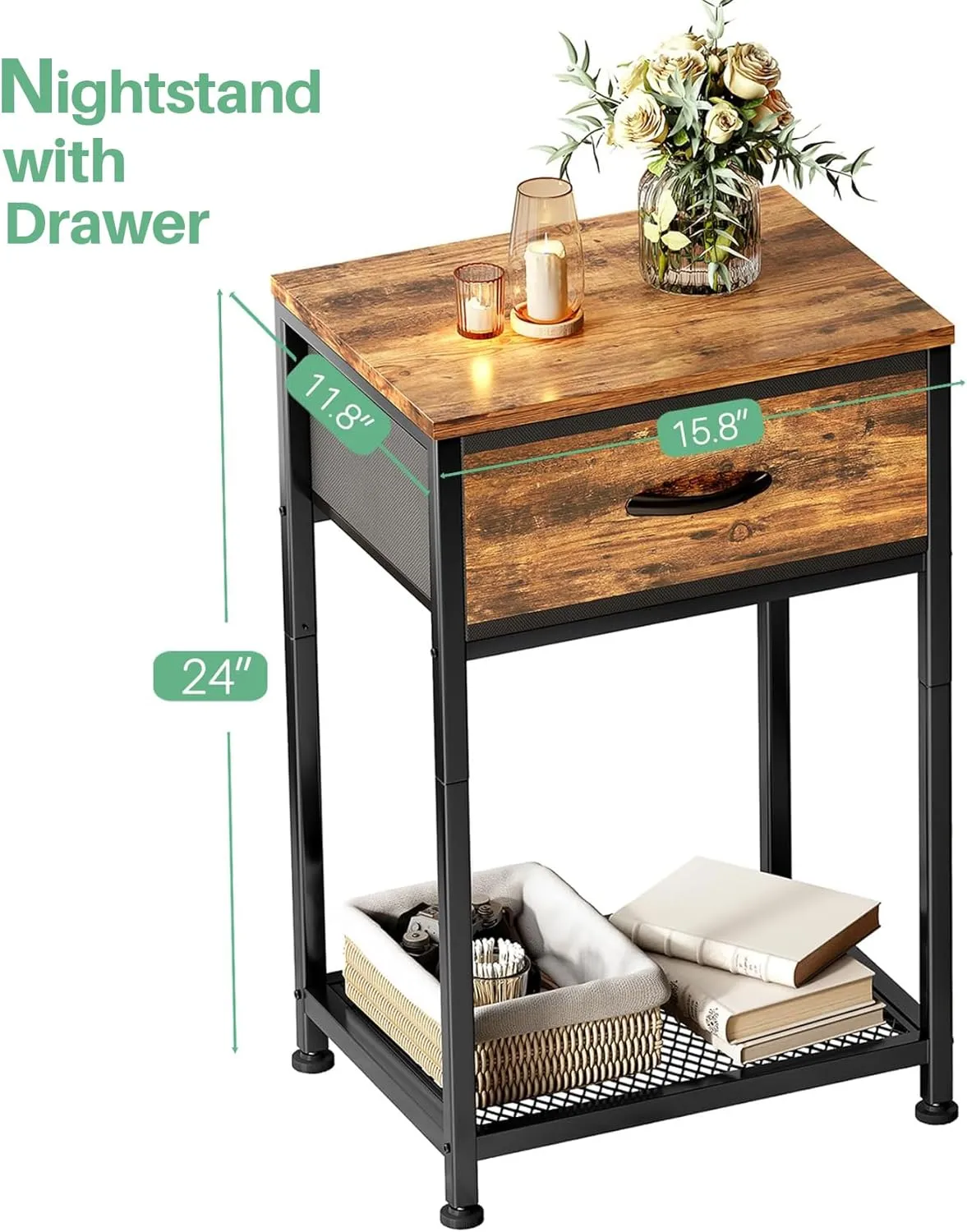 Kitstorack Night Stands Set of 2,End Tables with Drawer for Bedroom Bed Side Table for Home, Rustic Brown Wood Night Stand Bedroom Nightstands Bedside Table Set of 2