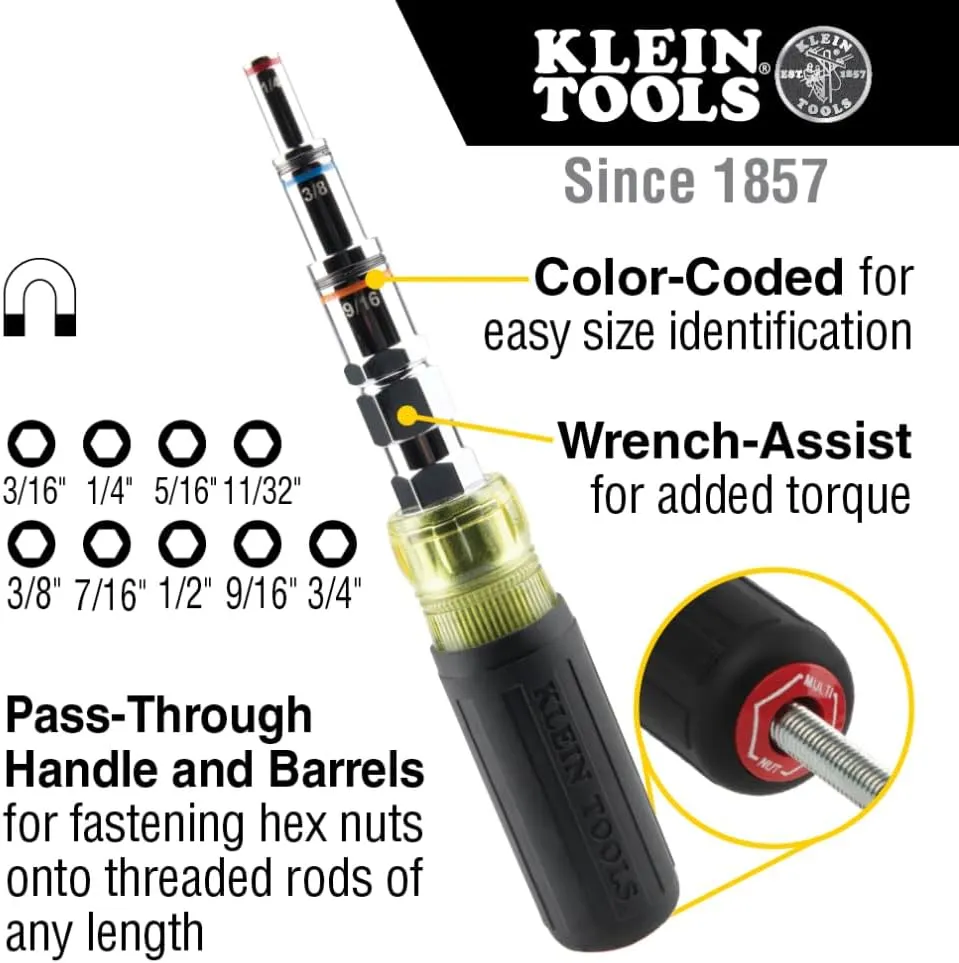 Klein Tools 32809MAG 9-in-1 Multi-Nut Driver Tool, Magnetic SAE Pass Through Driver with Hex Nut Sizes 3/16 to 3/4-Inch