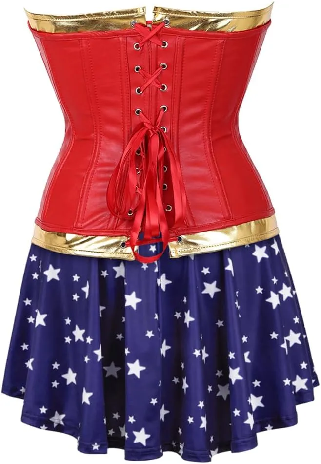 Kranchungel Women's Punk Rock Faux Leather Corset with Skirt Retro Goth Waist Cincher Basque Bustier