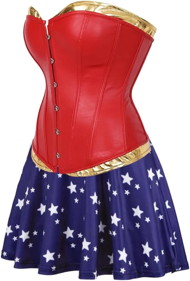 Kranchungel Women's Punk Rock Faux Leather Corset with Skirt Retro Goth Waist Cincher Basque Bustier