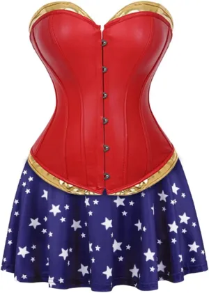Kranchungel Women's Punk Rock Faux Leather Corset with Skirt Retro Goth Waist Cincher Basque Bustier