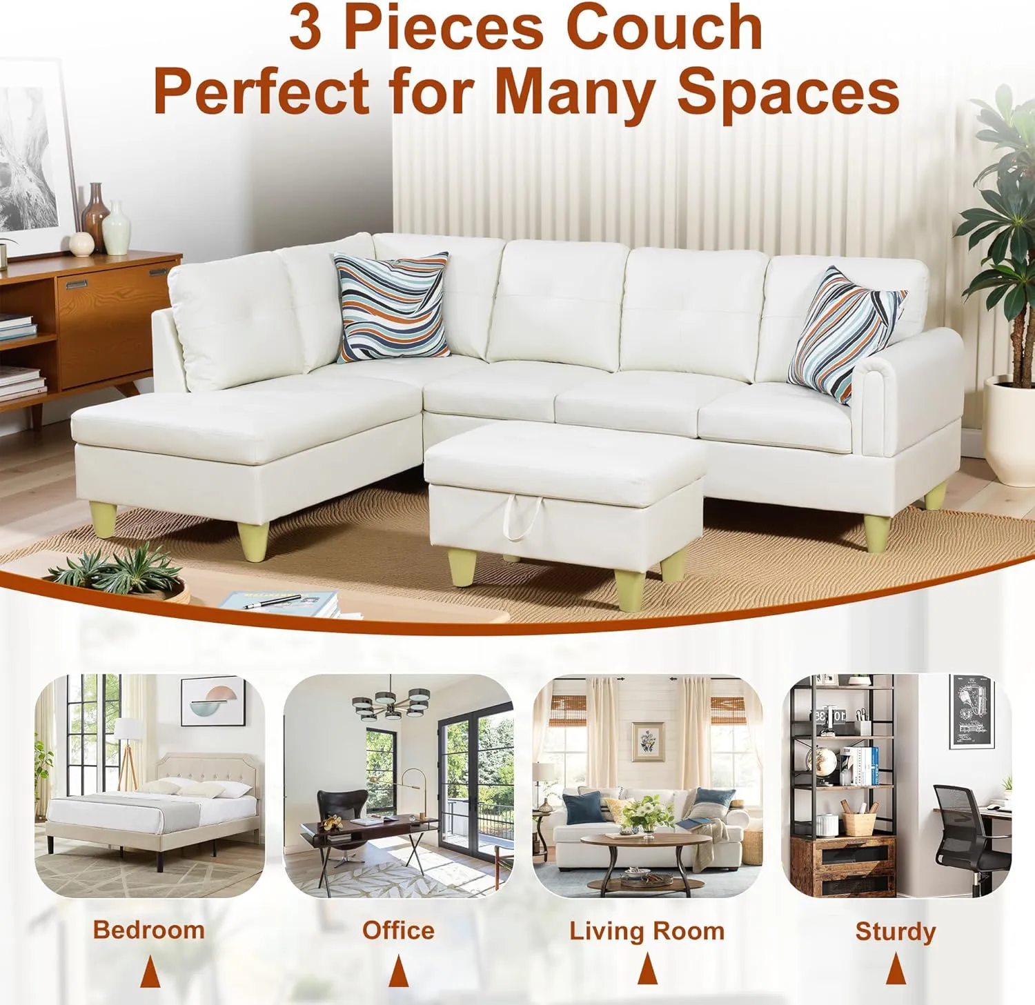 L Shaped Couch Faux Leather Sectional Couches for Living Room Upholstered 3 Pieces Modular Sectional Sofa with Chaise, Ottoman with Storage for Living Room and Small Apartment, Off-White
