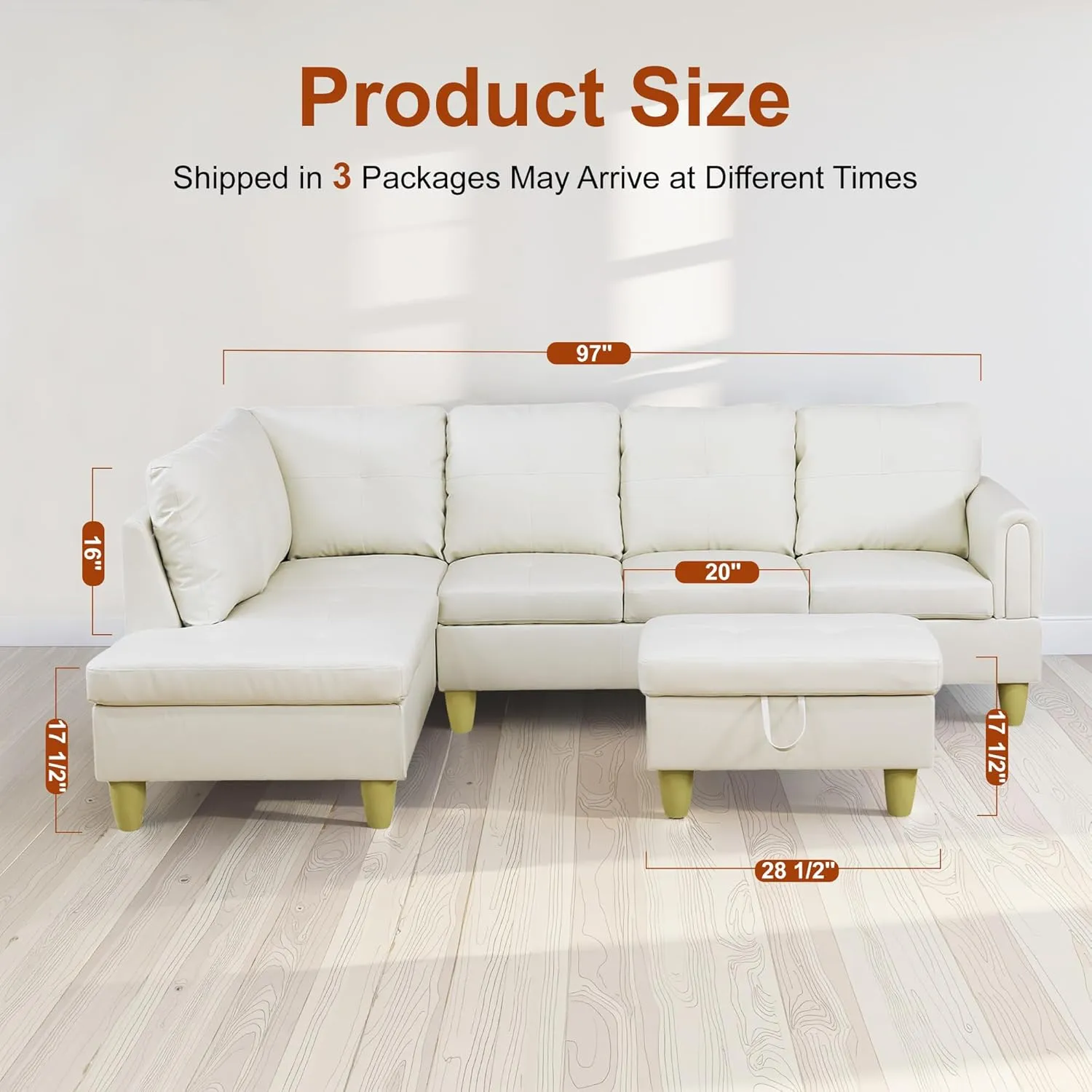 L Shaped Couch Faux Leather Sectional Couches for Living Room Upholstered 3 Pieces Modular Sectional Sofa with Chaise, Ottoman with Storage for Living Room and Small Apartment, Off-White
