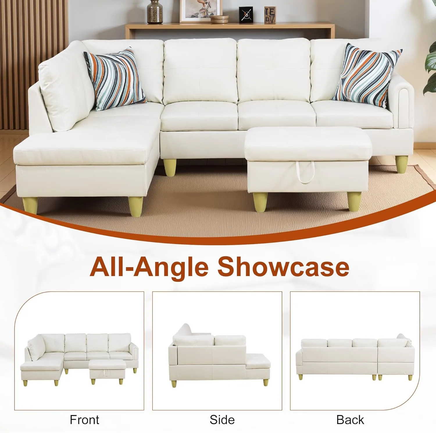 L Shaped Couch Faux Leather Sectional Couches for Living Room Upholstered 3 Pieces Modular Sectional Sofa with Chaise, Ottoman with Storage for Living Room and Small Apartment, Off-White