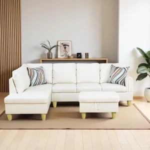 L Shaped Couch Faux Leather Sectional Couches for Living Room Upholstered 3 Pieces Modular Sectional Sofa with Chaise, Ottoman with Storage for Living Room and Small Apartment, Off-White