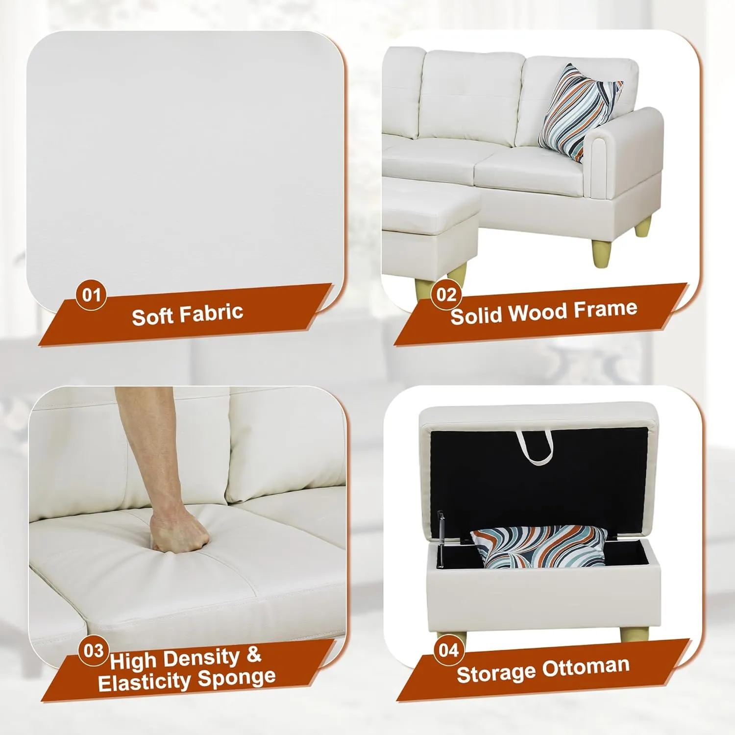 L Shaped Couch Faux Leather Sectional Couches for Living Room Upholstered 3 Pieces Modular Sectional Sofa with Chaise, Ottoman with Storage for Living Room and Small Apartment, Off-White