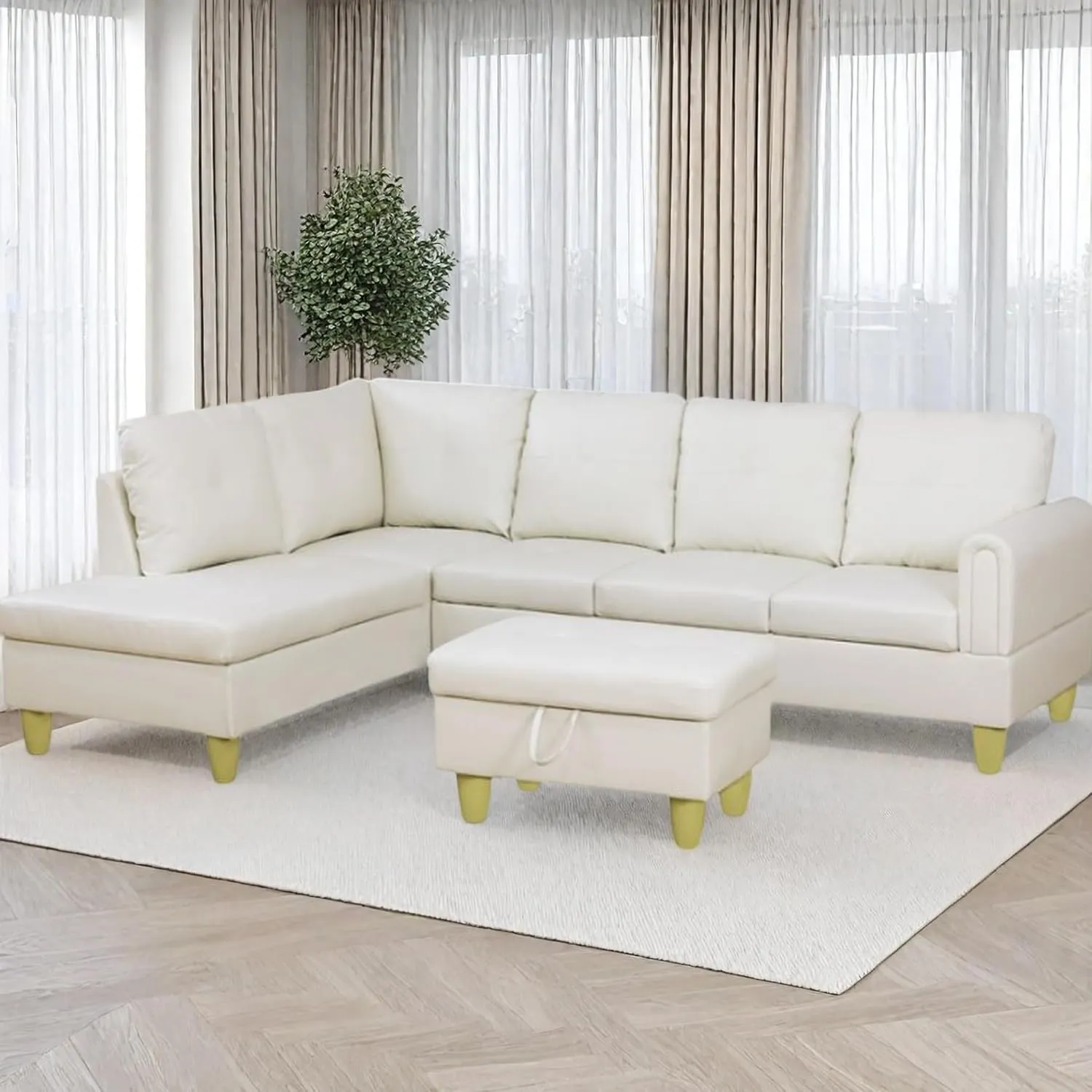 L Shaped Couch Faux Leather Sectional Couches for Living Room Upholstered 3 Pieces Modular Sectional Sofa with Chaise, Ottoman with Storage for Living Room and Small Apartment, Off-White