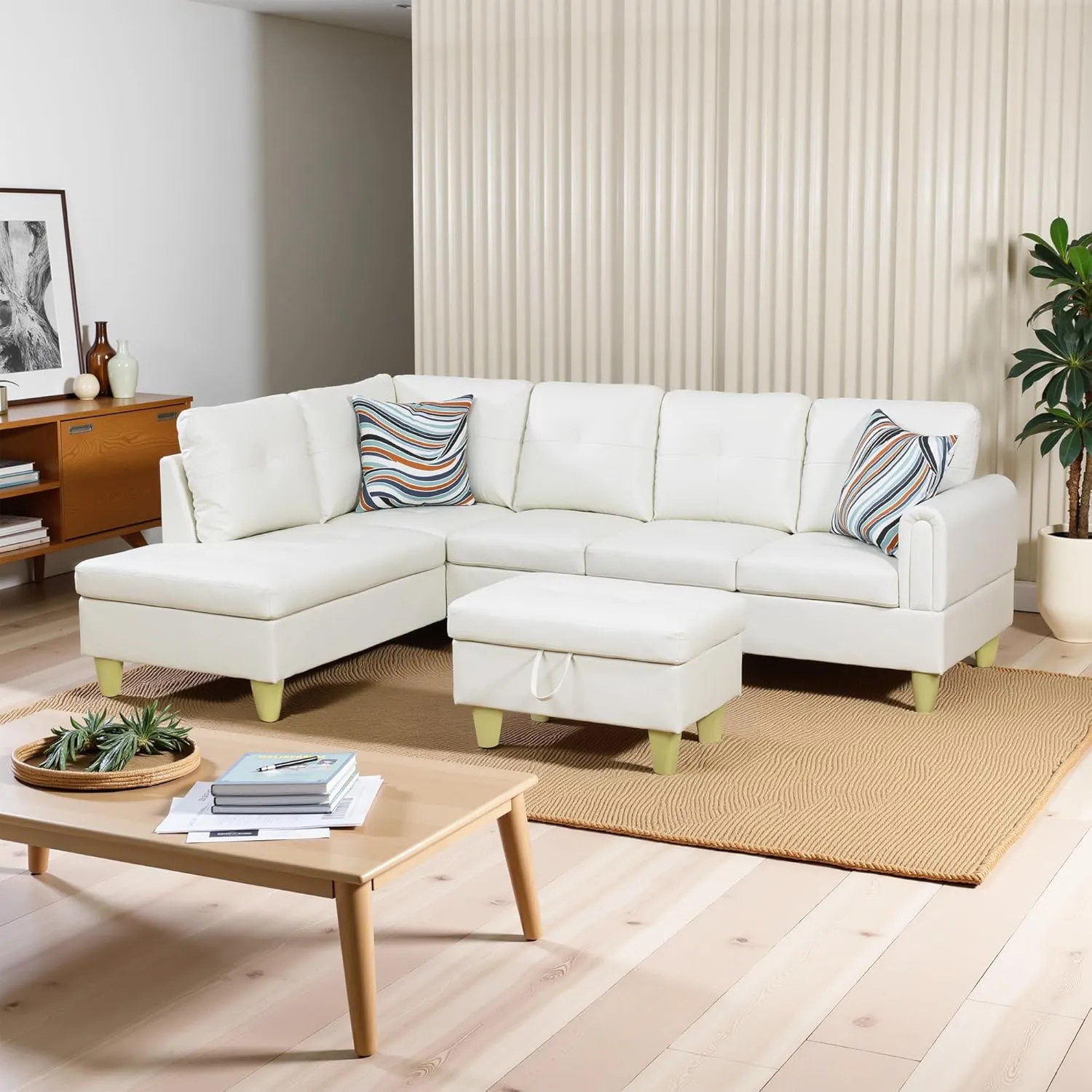 L Shaped Couch Faux Leather Sectional Couches for Living Room Upholstered 3 Pieces Modular Sectional Sofa with Chaise, Ottoman with Storage for Living Room and Small Apartment, Off-White