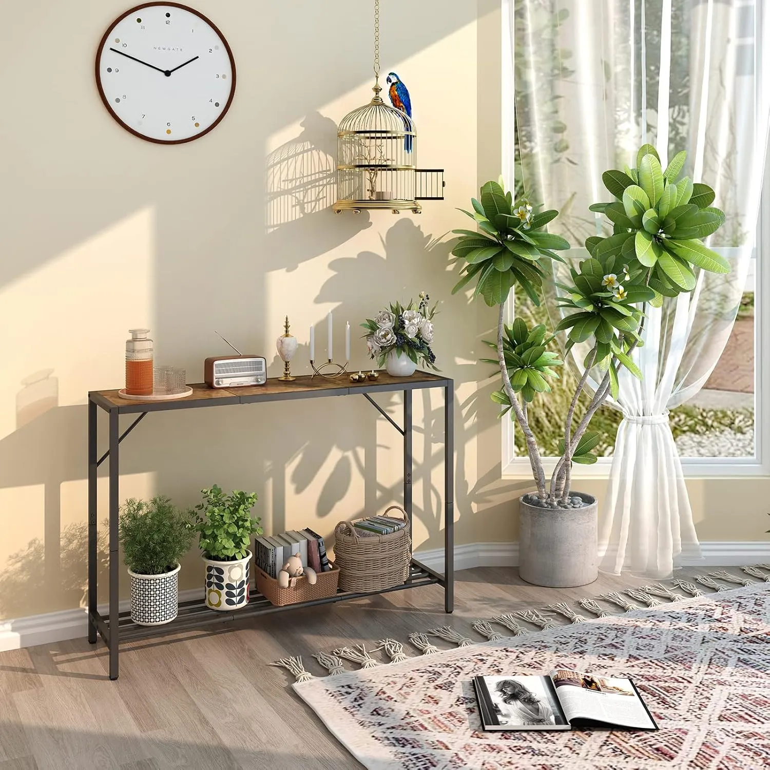 LAATOOREE Console Table, 41.7" Industrial Entryway Table with Shelf, Narrow Sofa Table for Hallway, Entrance Hall, Foyer, Corridor, Living Room - Wood Look Metal Frame - Rustic Brown