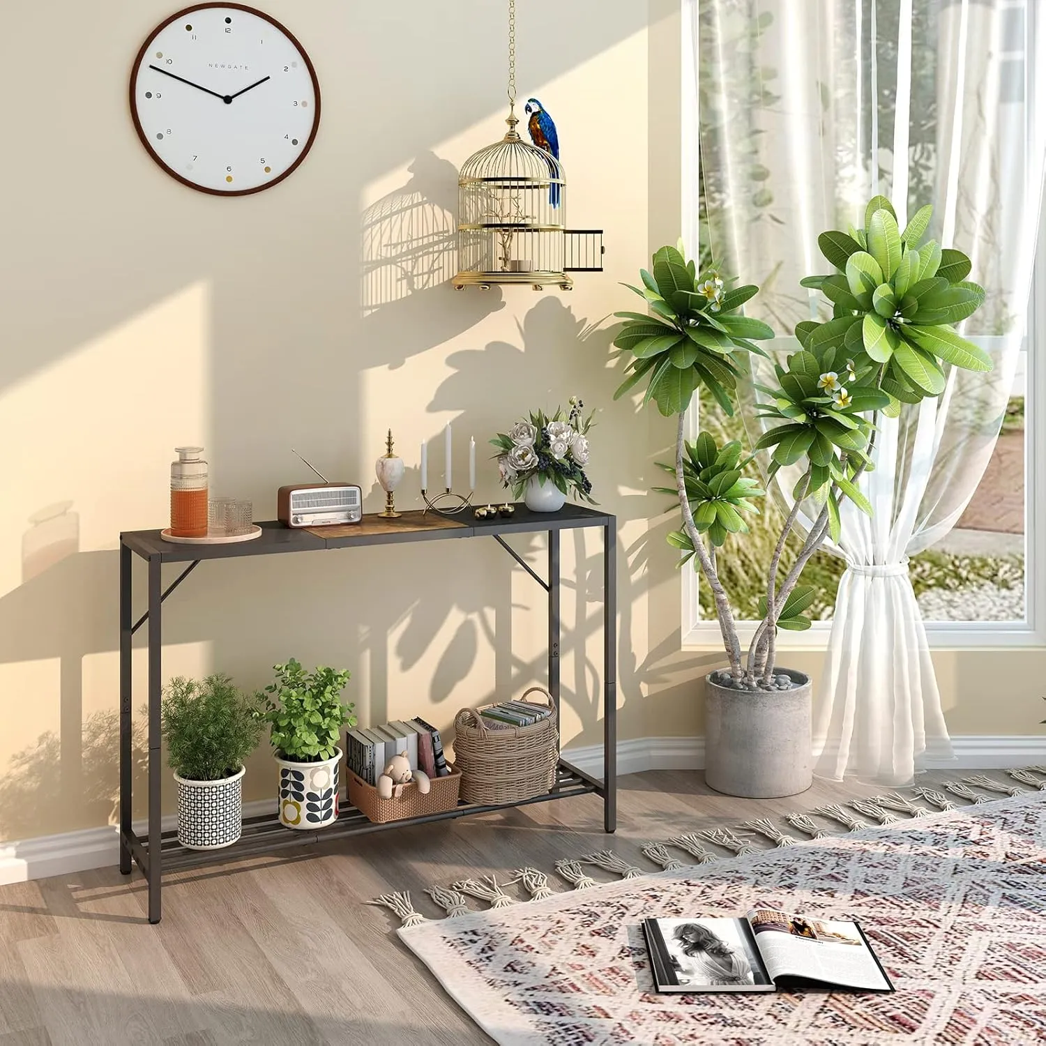 LAATOOREE Console Table, 41.7" Industrial Entryway Table with Shelf, Narrow Sofa Table for Hallway, Entrance Hall, Foyer, Corridor, Living Room - Wood Look Metal Frame