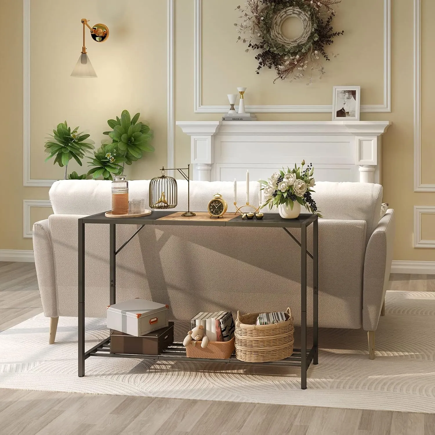 LAATOOREE Console Table, 41.7" Industrial Entryway Table with Shelf, Narrow Sofa Table for Hallway, Entrance Hall, Foyer, Corridor, Living Room - Wood Look Metal Frame