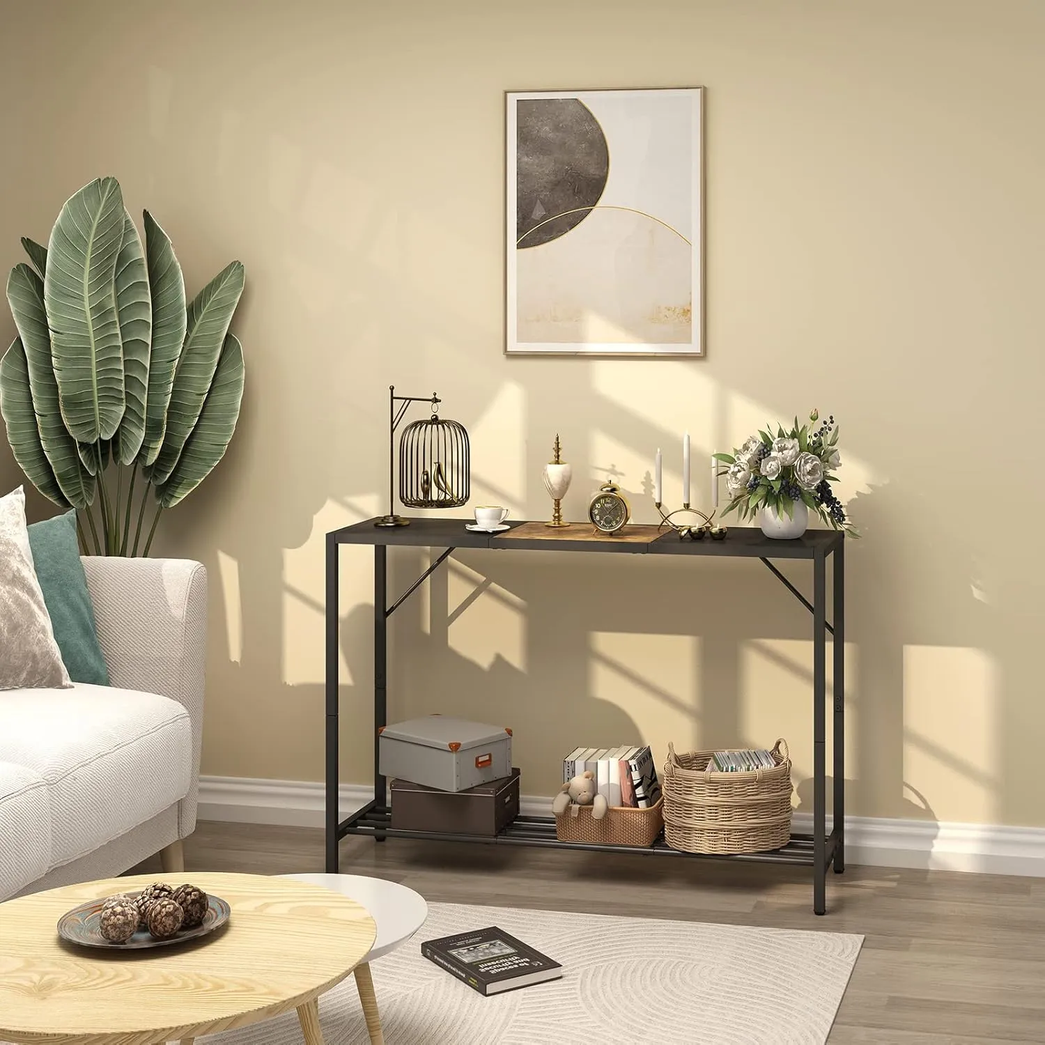 LAATOOREE Console Table, 41.7" Industrial Entryway Table with Shelf, Narrow Sofa Table for Hallway, Entrance Hall, Foyer, Corridor, Living Room - Wood Look Metal Frame