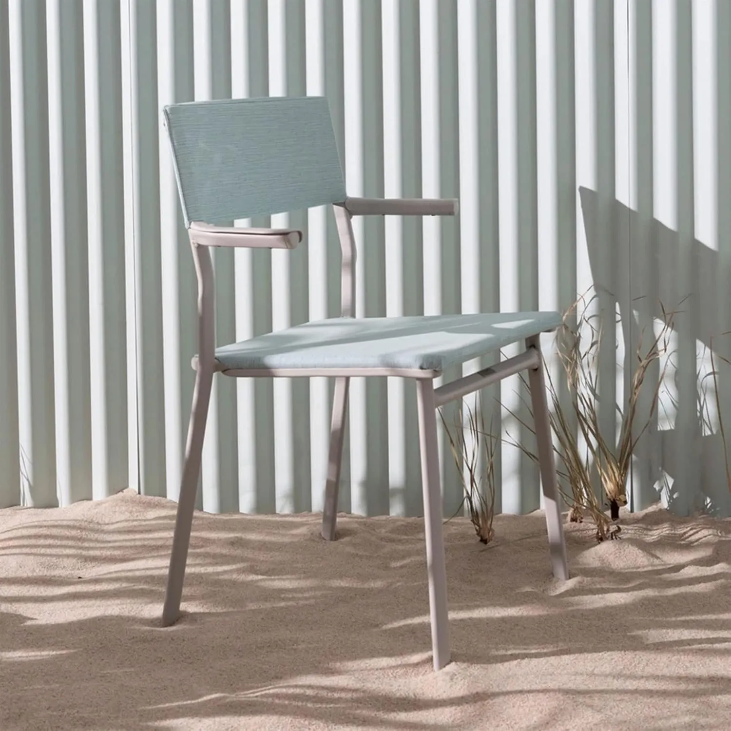 Lafuma ORON Outdoor Dining Armchair, Sand Frame - Mistral Blue, Set of 2