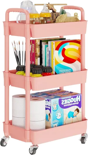 Laiensia 3-Tier Rolling Cart with Wheels,Multifunction Utility Storage carts, Kitchen Storage Organizer,Mobile Shelving Unit for Bathroom,Laundry,with Classified Stickers,Pink