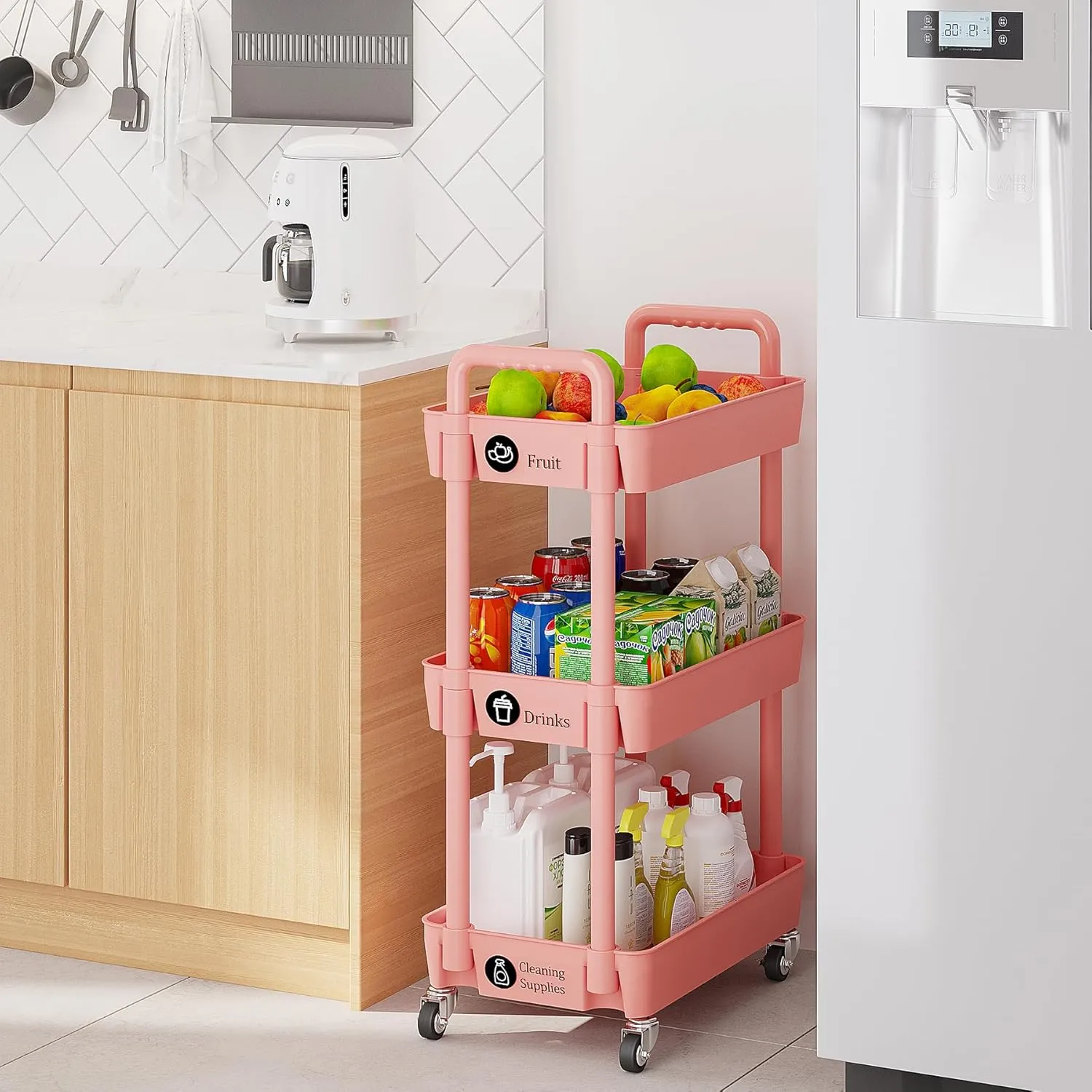 Laiensia 3-Tier Rolling Cart with Wheels,Multifunction Utility Storage carts, Kitchen Storage Organizer,Mobile Shelving Unit for Bathroom,Laundry,with Classified Stickers,Pink
