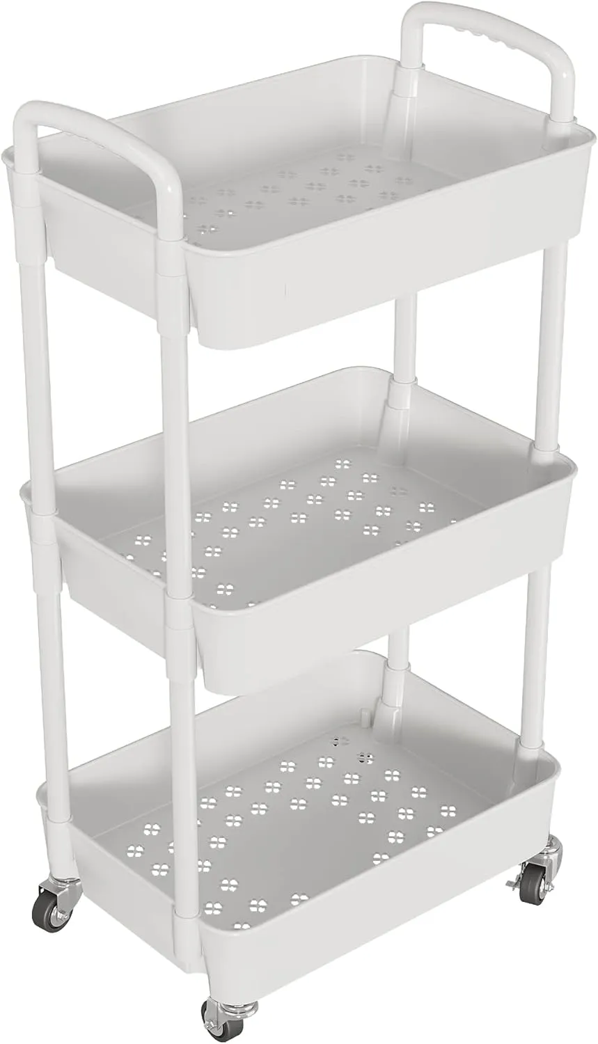 Laiensia 3-Tier Rolling Cart with Wheels,Multifunction Utility Storage carts, Kitchen Storage Organizer,Mobile Shelving Unit for Bathroom,Laundry,with Classified Stickers,White