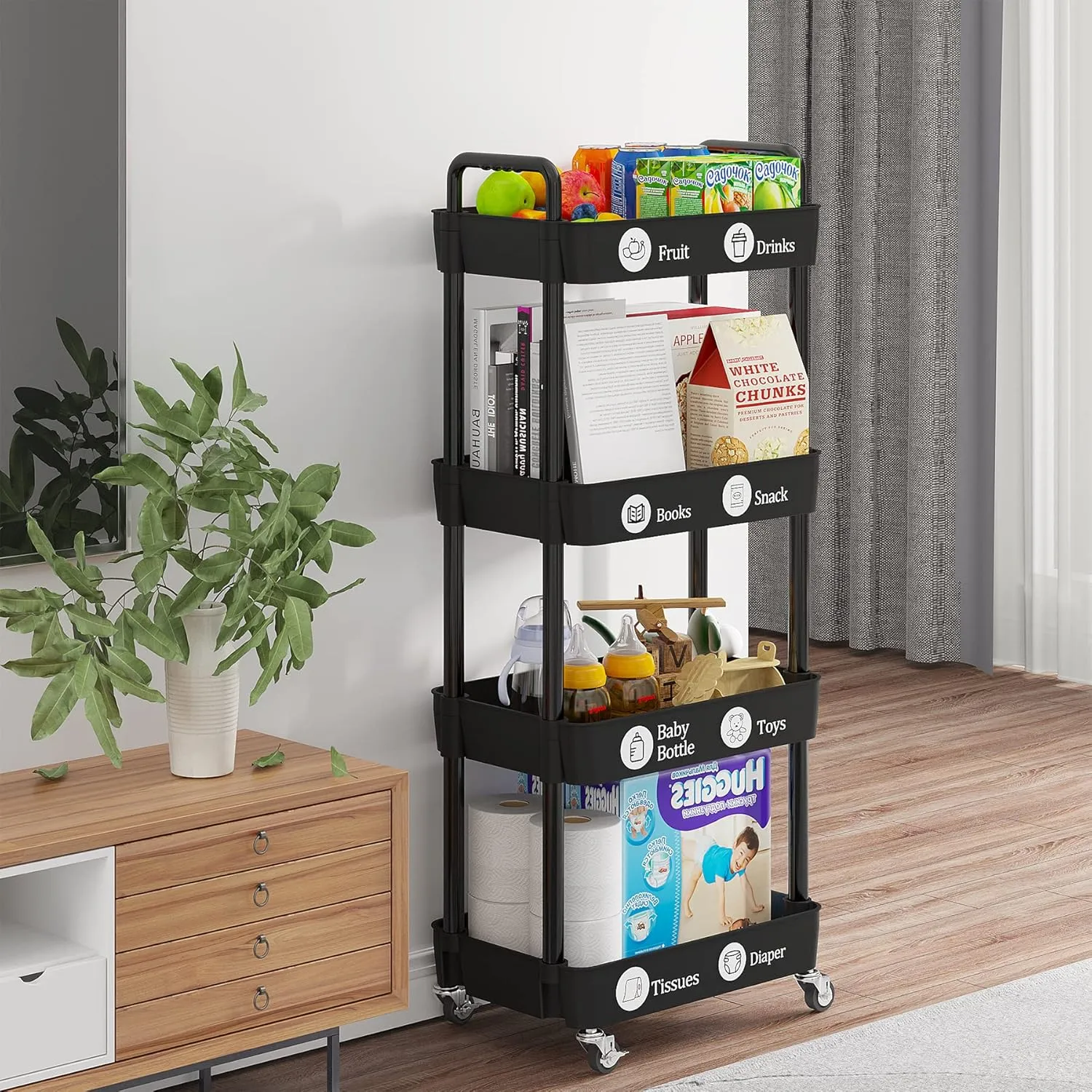 Laiensia 4-Tier Storage Cart,Multifunction Utility Rolling Cart Kitchen Storage Organizer,Mobile Shelving Unit Cart with Lockable Iron Wheels for Bathroom,Laundry,Room,with Classified Stickers,Black