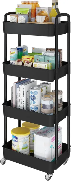 Laiensia 4-Tier Storage Cart,Multifunction Utility Rolling Cart Kitchen Storage Organizer,Mobile Shelving Unit Cart with Lockable Iron Wheels for Bathroom,Laundry,Room,with Classified Stickers,Black