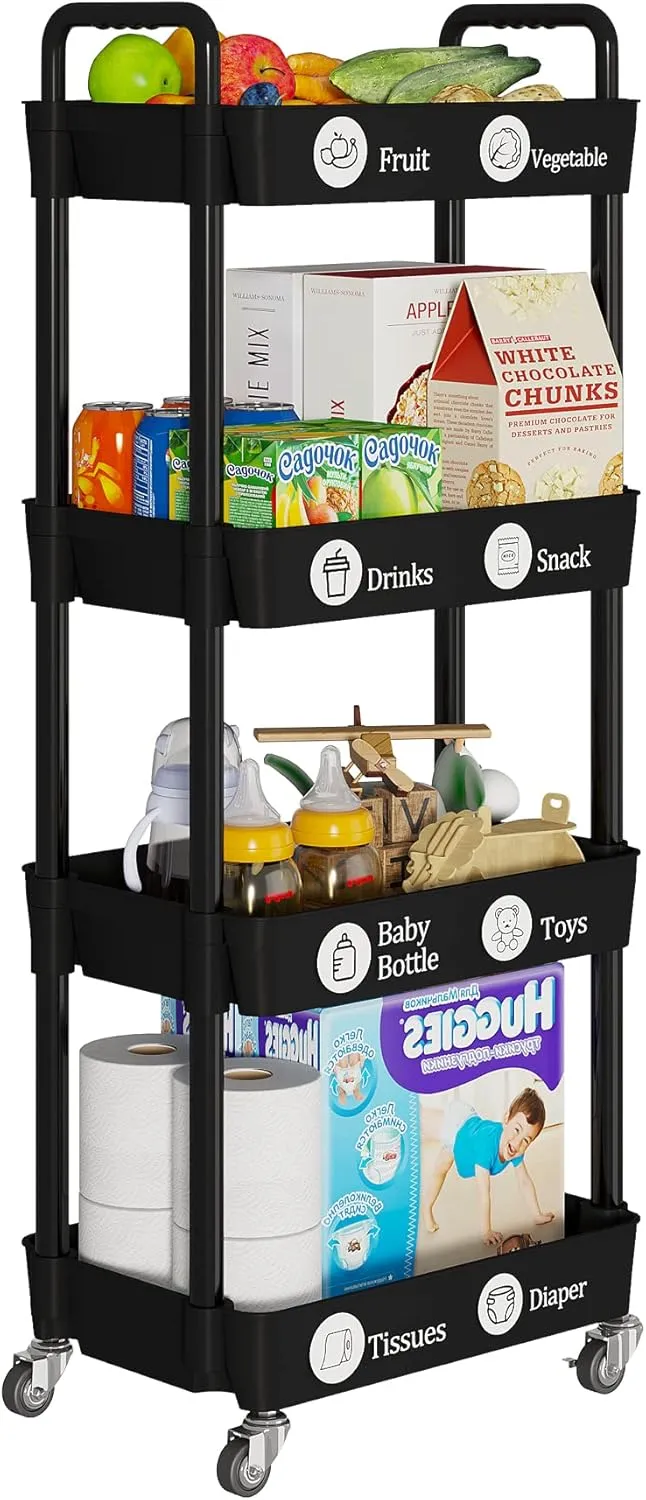 Laiensia 4-Tier Storage Cart,Multifunction Utility Rolling Cart Kitchen Storage Organizer,Mobile Shelving Unit Cart with Lockable Iron Wheels for Bathroom,Laundry,Room,with Classified Stickers,Black
