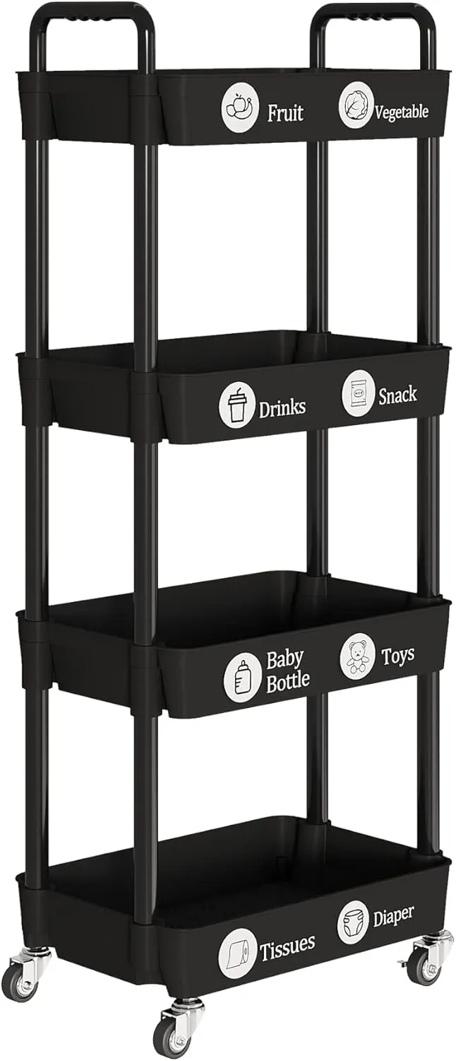 Laiensia 4-Tier Storage Cart,Multifunction Utility Rolling Cart Kitchen Storage Organizer,Mobile Shelving Unit Cart with Lockable Iron Wheels for Bathroom,Laundry,Room,with Classified Stickers,Black