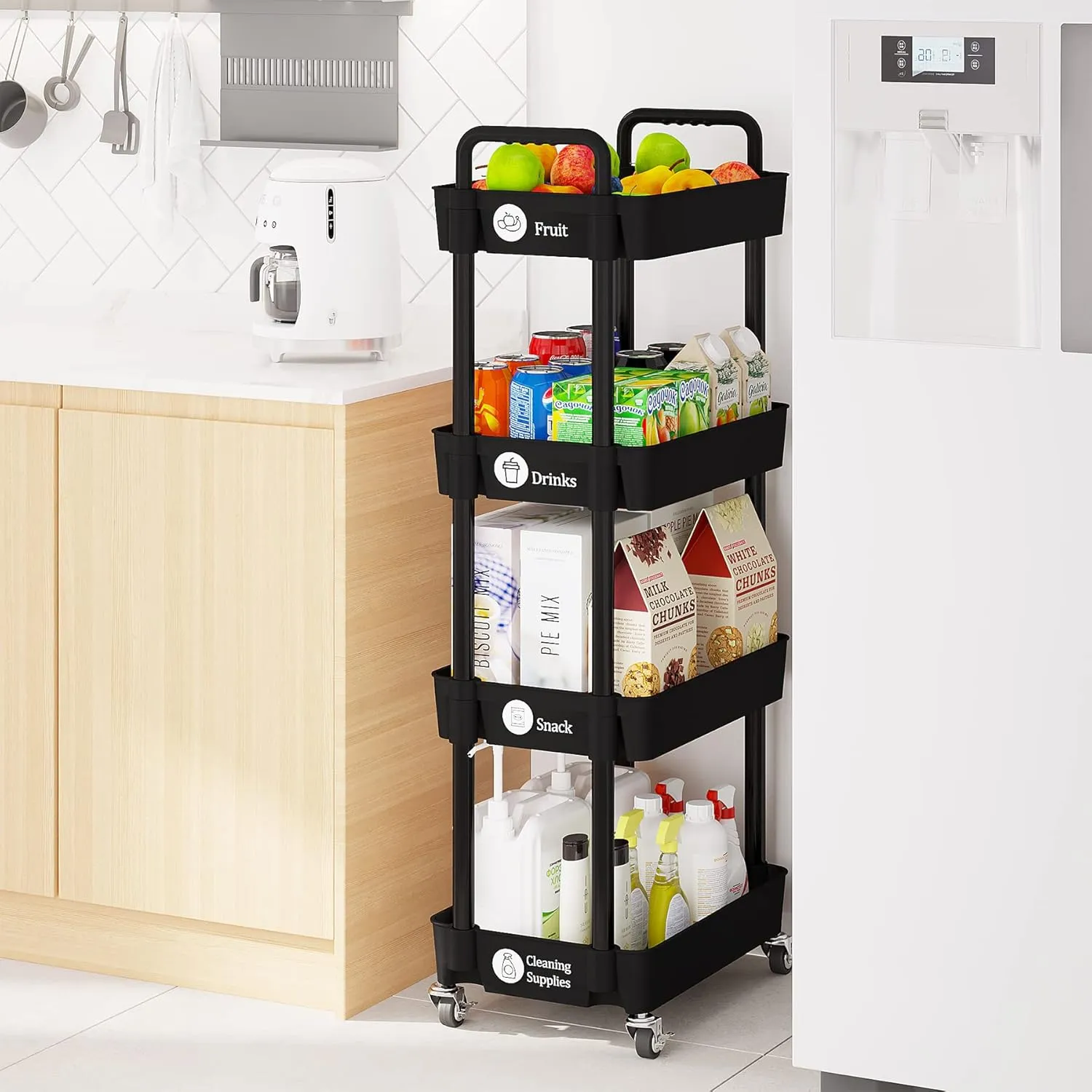 Laiensia 4-Tier Storage Cart,Multifunction Utility Rolling Cart Kitchen Storage Organizer,Mobile Shelving Unit Cart with Lockable Iron Wheels for Bathroom,Laundry,Room,with Classified Stickers,Black