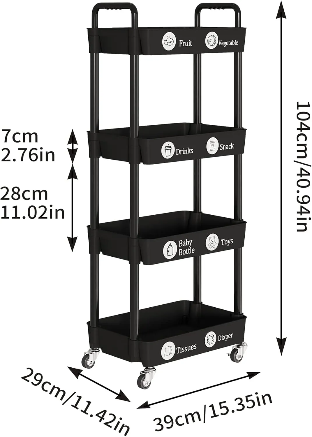 Laiensia 4-Tier Storage Cart,Multifunction Utility Rolling Cart Kitchen Storage Organizer,Mobile Shelving Unit Cart with Lockable Iron Wheels for Bathroom,Laundry,Room,with Classified Stickers,Black