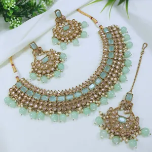 LALSO Designer Mehendi Gold plated AD/Zircon Work Necklace Jewelry Set With Maangtika