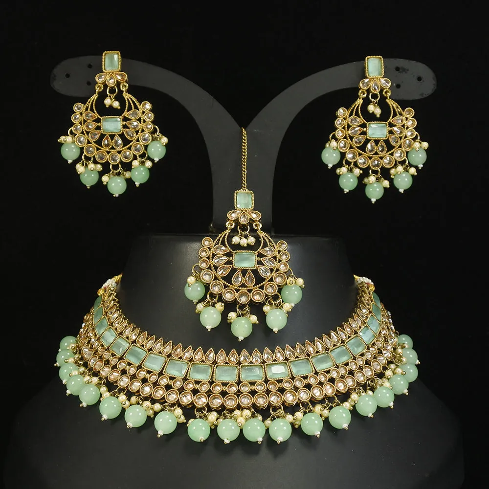 LALSO Designer Mehendi Gold plated AD/Zircon Work Necklace Jewelry Set With Maangtika