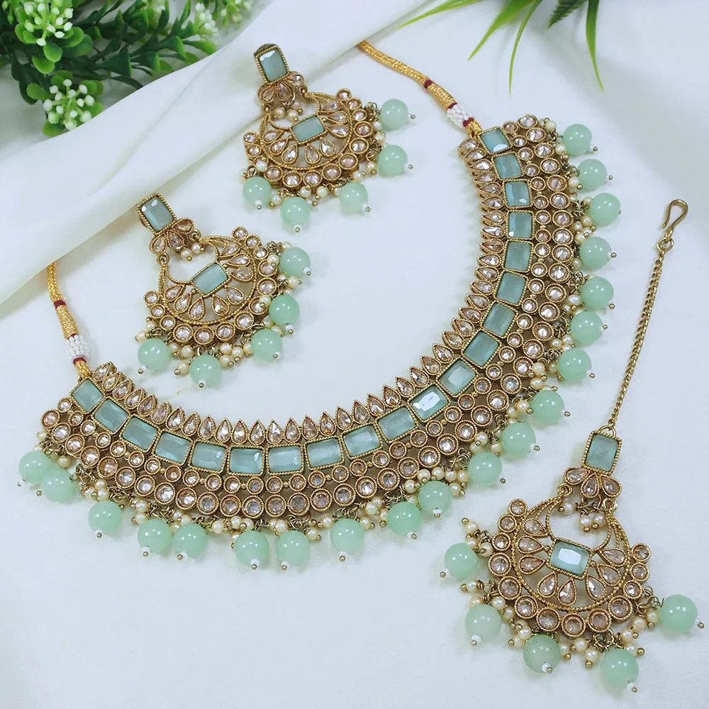 LALSO Designer Mehendi Gold plated AD/Zircon Work Necklace Jewelry Set With Maangtika
