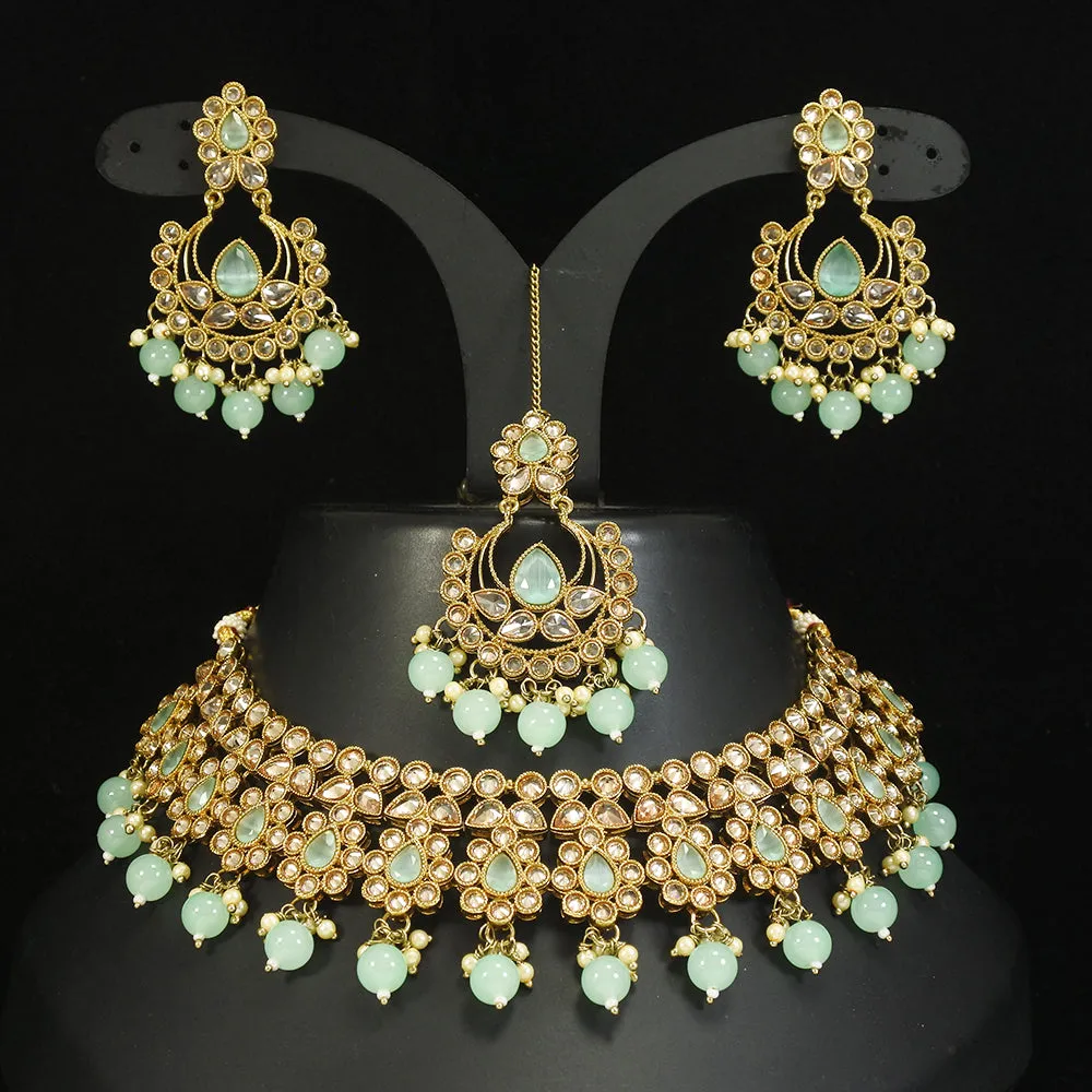 LALSO Stunning Mehendi Gold plated AD/Zircon Work Necklace Jewelry Set With Maangtika