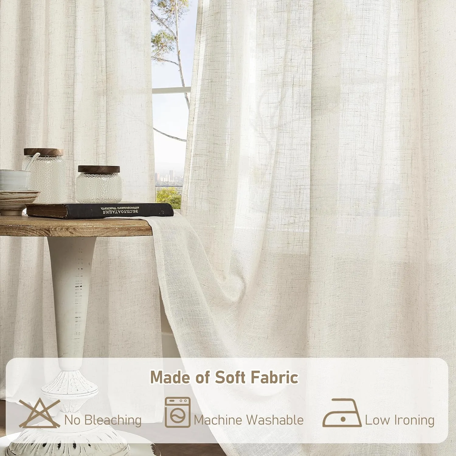 LAMIT Natural Ivory Semi Sheer Linen Curtains 84 inch Long, Cream White Light Filtering Living Room Panels Back Tab and Rod Pocket Neutral Drapes for Bedroom/Farmhouse, 2 Panels, 52 x 84 Inch