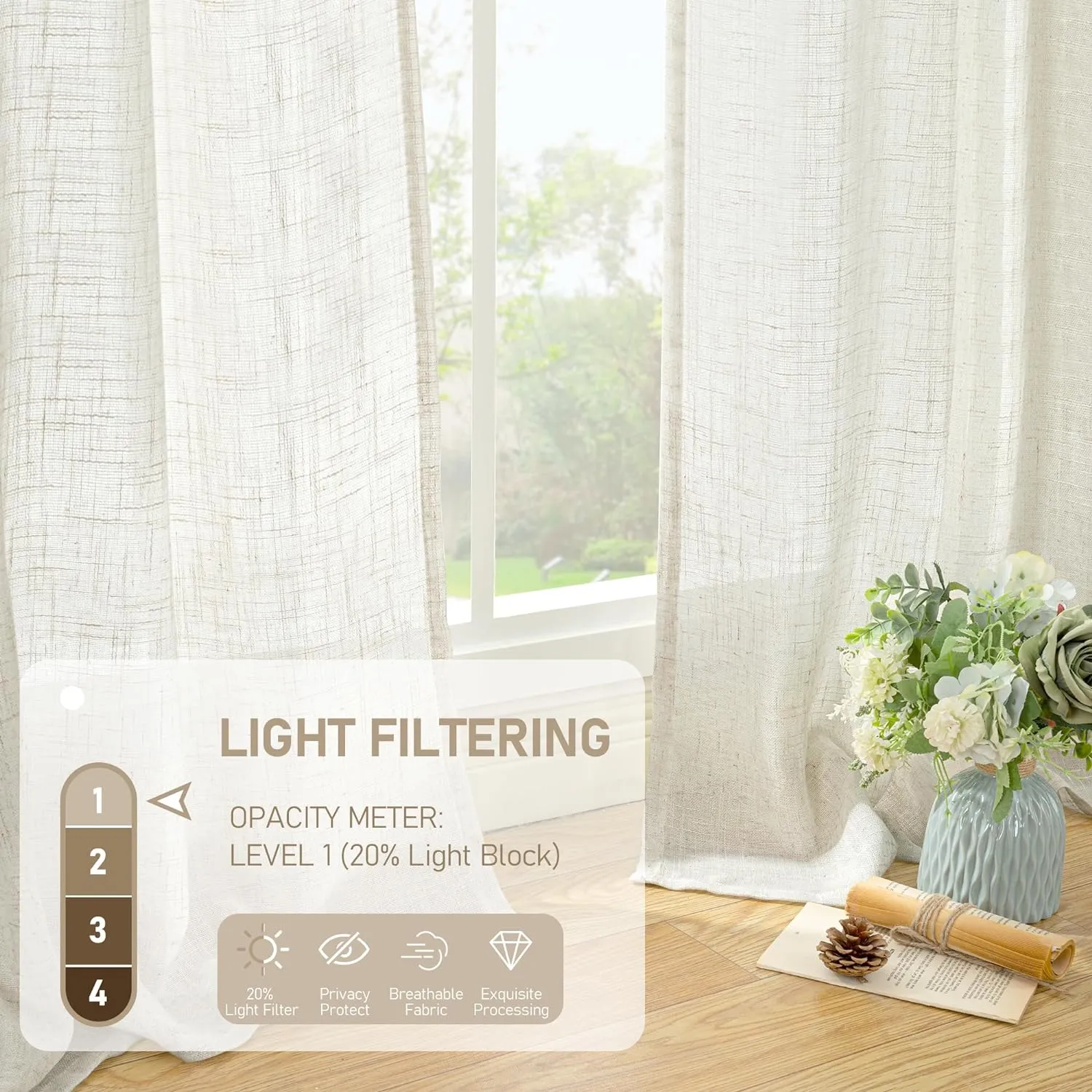 LAMIT Natural Ivory Semi Sheer Linen Curtains 84 inch Long, Cream White Light Filtering Living Room Panels Back Tab and Rod Pocket Neutral Drapes for Bedroom/Farmhouse, 2 Panels, 52 x 84 Inch