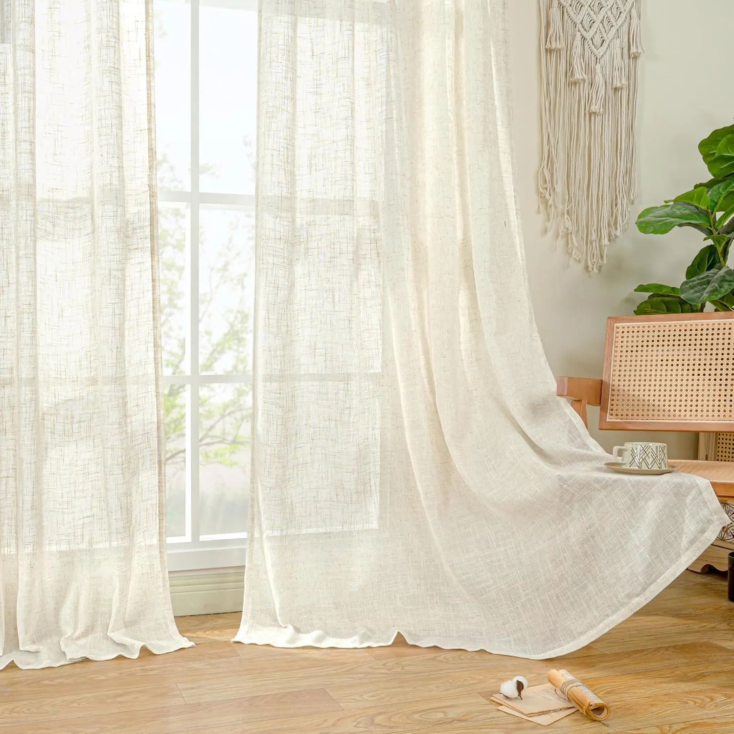 LAMIT Natural Ivory Semi Sheer Linen Curtains 84 inch Long, Cream White Light Filtering Living Room Panels Back Tab and Rod Pocket Neutral Drapes for Bedroom/Farmhouse, 2 Panels, 52 x 84 Inch