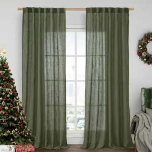 LAMIT Olive Green Linen Curtains for Living Room 84 inch Length 2 Panels, Light Filtering Semi Sheer Panels Back Tab and Rod Pocket Christmas Panels for Bedroom/Sliding Glass Door, 52 x 84 Inch