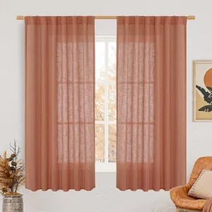 LAMIT Terracotta Linen Curtains 63 Inch for Bedroom, Light Filtering Neutral Semi Sheer Window Boho Curtains Back Tab and Rod Pocket Panels for Living Room, 2 Panels, 52 x 63 Inch