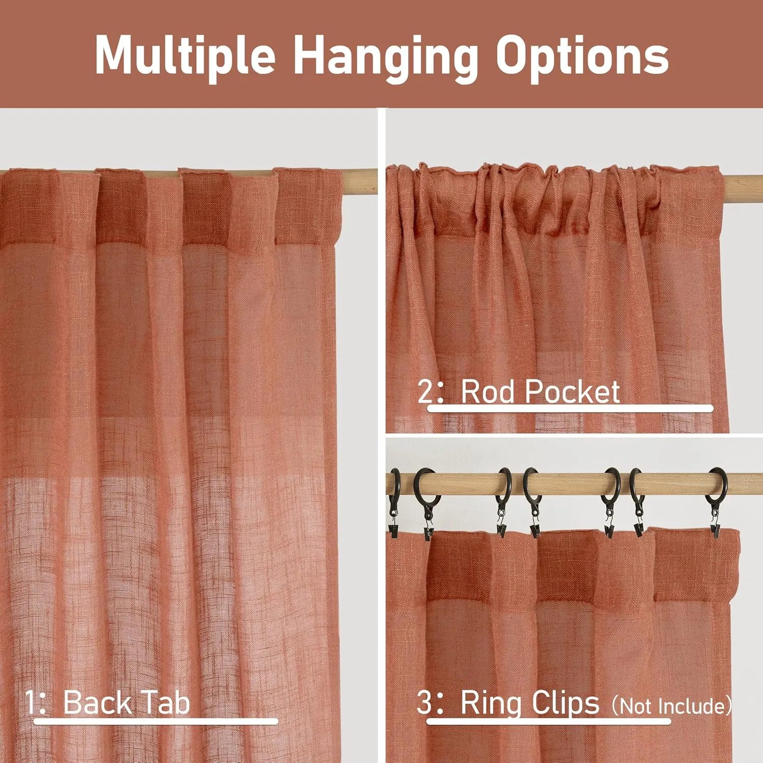 LAMIT Terracotta Linen Curtains 63 Inch for Bedroom, Light Filtering Neutral Semi Sheer Window Boho Curtains Back Tab and Rod Pocket Panels for Living Room, 2 Panels, 52 x 63 Inch